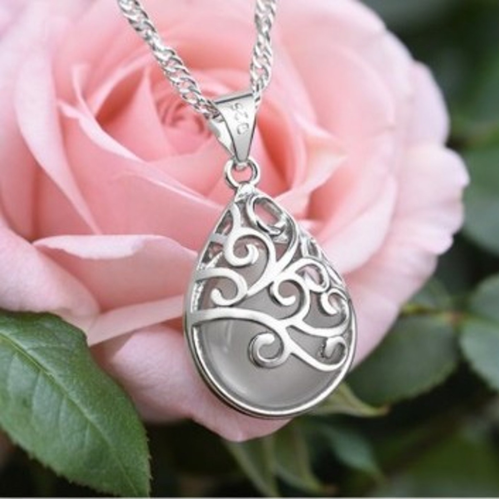 Sterling Silver Necklace W Moonstone Teardrop Filigree Pendant Womans Gift 39$